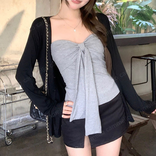 cammello 글램핏 슬림 리본 탱크탑 + 긴팔 가디건 투피스 세트 데이트룩 꾸안꾸