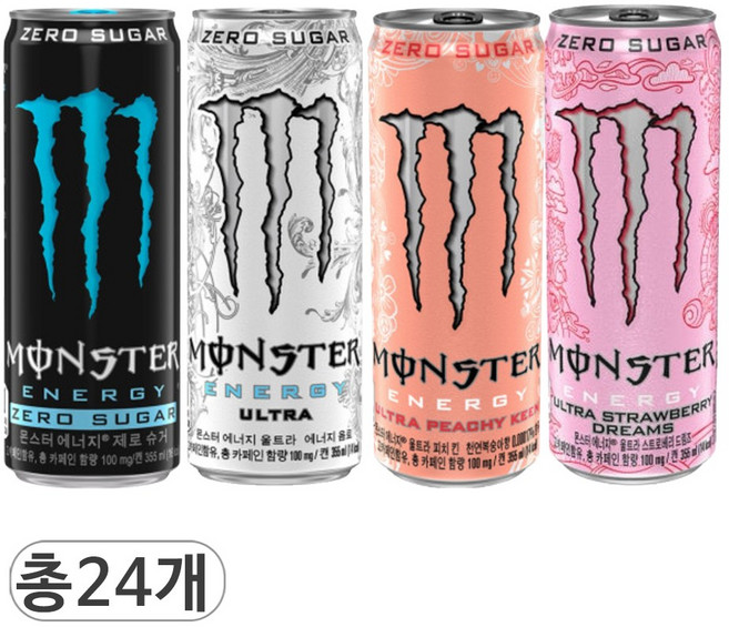 코카콜라 몬스터 에너지 제로슈거 & 울트라 & 피치 & 스트로베리 드림즈 4종 혼합세트, 24개입, 355ml