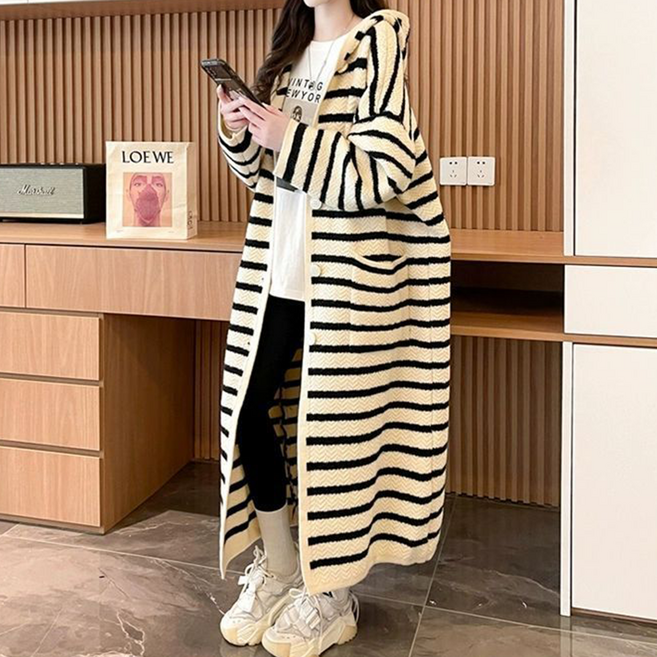 TKX 여성용 스트라이프 후드 롱 니트 가디건 봄 가을 스타일 오버사이즈 박시한 오피스 출근룩 KN53