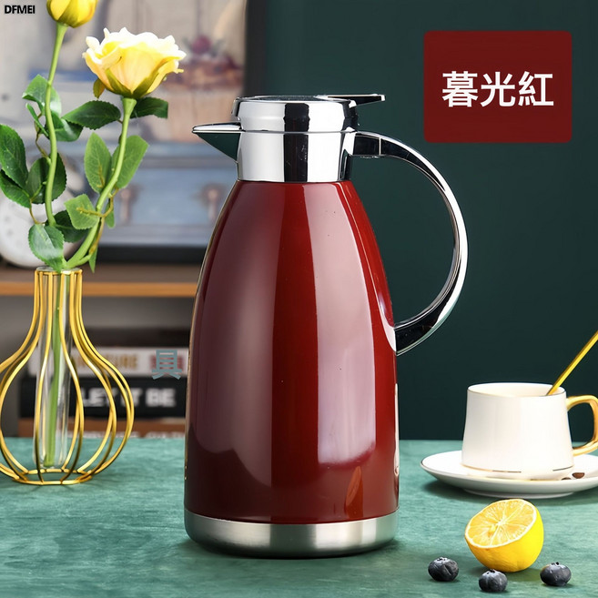 DFMEI 304不鏽鋼真空保溫壺暖水瓶歐式咖啡壺家用熱水瓶, 1個, 【商用-羅馬壺】暮光紅色【彩盒包裝】:【SUS304-1.8L】24小時長效保溫, 1L