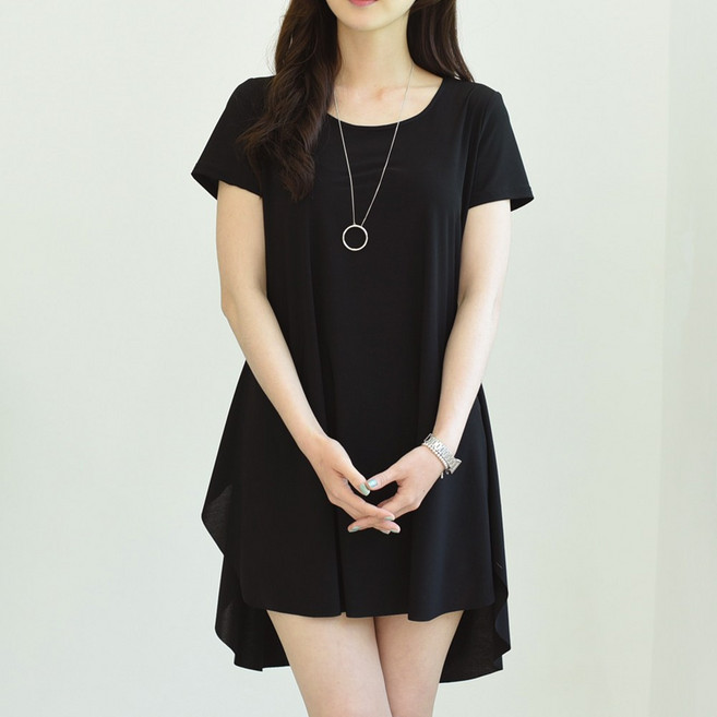 언스타일 여성 A라인 원피스형 반팔 롱티셔츠