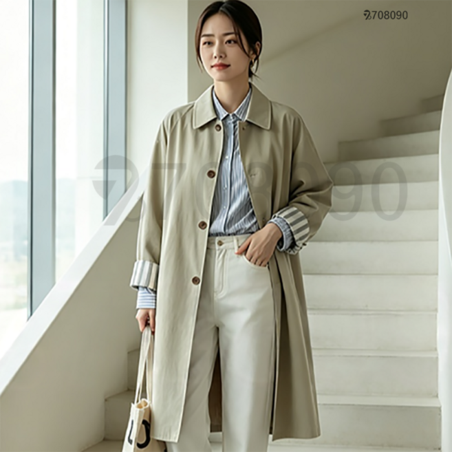 708090 봄 트렌치코트 여성 심플 작은 키 미디 코트