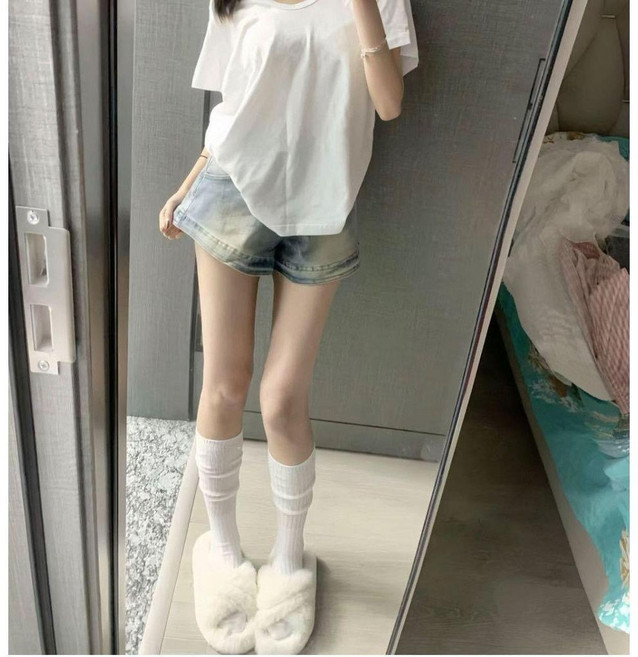good 復古做舊牛仔短褲女高腰顯瘦直筒熱褲