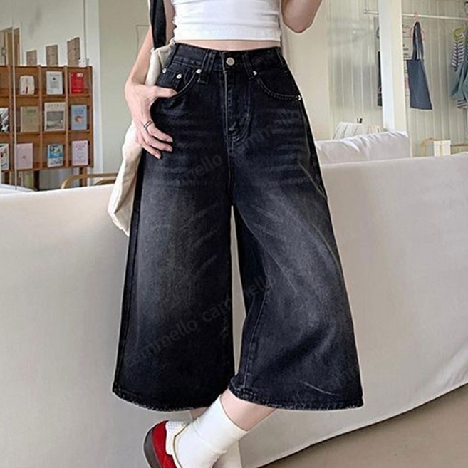 cammello 여성 빈티지 워싱 데님 버뮤다 팬츠 와이드핏 7부 청바지 Y2K 밀레니엄룩