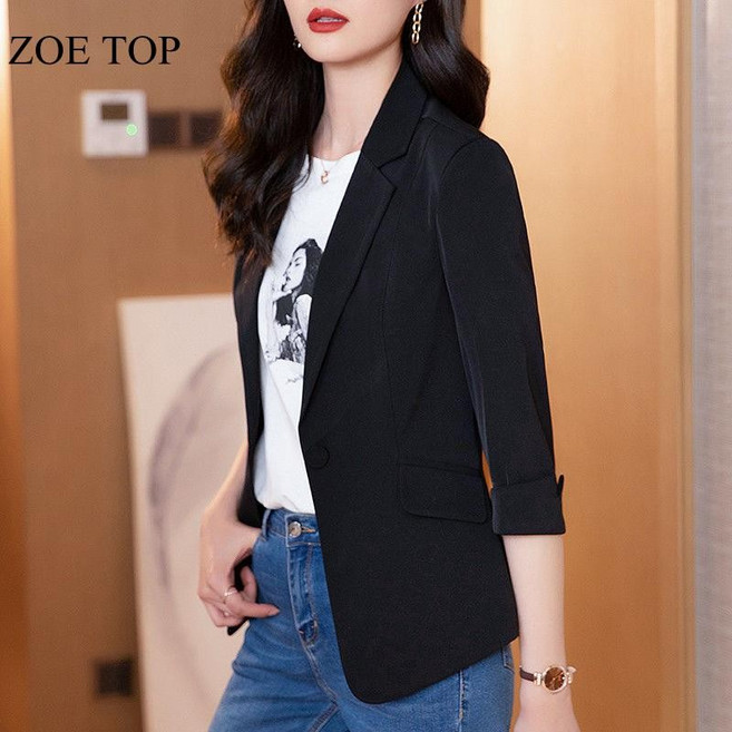 M-4XL 大尺碼外套 西裝外套 韓式小西裝外套女七分袖春夏季新款修身休閑短款西服上衣 女生衣著 開衫外套 薄外套 中袖