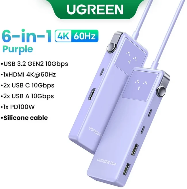 UGREEN Uno USB C 허브 노트북용 분배기 어댑터 맥북 프로 에어 USB 확장기 도킹 스테이션 6 인 1 4K, 02 6-in-1 HDMI Purple, 01 China Mainland