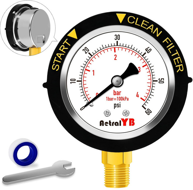 AetralYB 0-60PSI 풀 필터 압력 게이지 2인치 다이얼 1/4인치 NPT 하단 마운트 304스테인리스 스틸 케이스 IP67 방수 깨끗한 표시등 수영용 워터