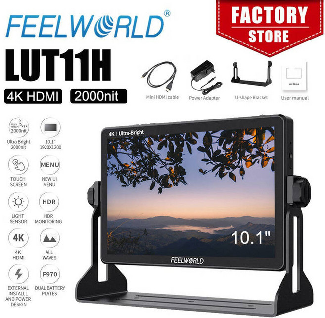 휴대용 모니터 포터블 FEELWORLD 10.1 인치 LUT11H 2000nit 울트라 브라이트 DSLR 카메라 필드 터치 스크린 풀 HD IPS 4K HDMI