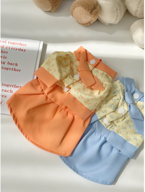 강아지 플라워 한복 고양이 개량 원피스 설날 추석, 스카이블루, 1개