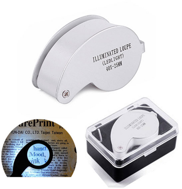 40배율 원형 확대경 루페 독서용 관찰 검사 목걸이 전문가 현미경 led 작업용 관찰용 도면, 1개, 40배율 물방울 루페 실버