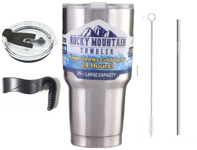 록키마운틴텀블러 (로고) 900ml 4종 구성 빨대 한줄손잡이 세척솔 포함 스탠 보온보냉 이중진공 내부외부 각인, 실버, 1개