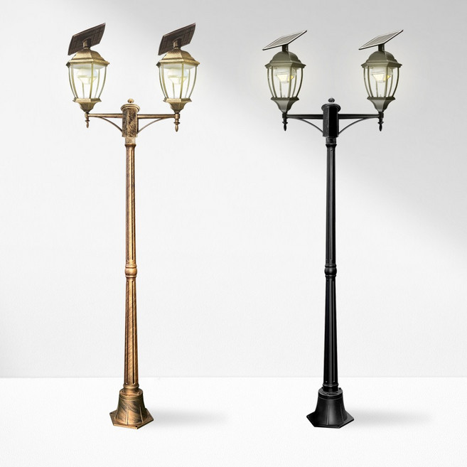 나눔조명 태양광 가로등 엔틱 태양열 조명 LED 정원등 야외조명, 2구 곡면 육각등, 1.4m, 검정색(노란빛)