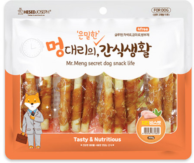 멍대리의 간식생활 강아지 육포 닭 오리 전연령 영양간식, 치킨비스켓, 300g, 5개