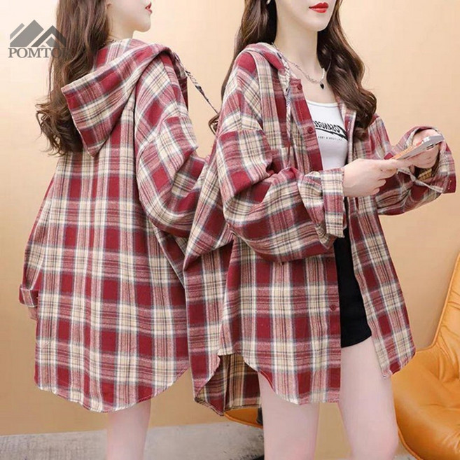 POMTOR 여성용 봄 가을 루즈핏 캐주얼 간절기 체크 포켓 셔츠 후드 티셔츠