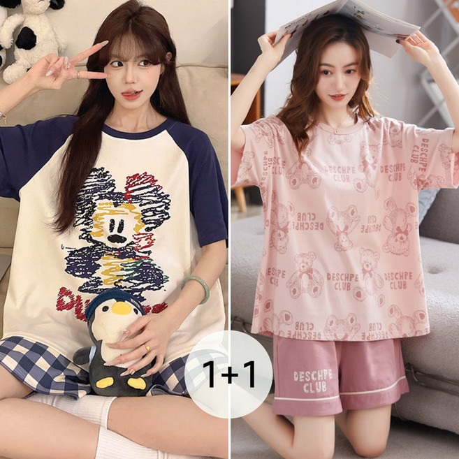 Flyaiku 1+1 여성 홈웨어 잠옷 캐릭터 반팔 반바지 여름 파자마 투피스 세트