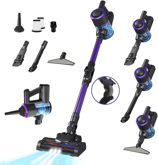 RichMagic 독일 핸디형 16000Pa 접이식 무선청소기 전동 브러시 LED 조명 스탠딩 다용도 블로잉/ 청소/가정용/차량용 5 in 1 핸디청소기, 퍼플, HKX-007