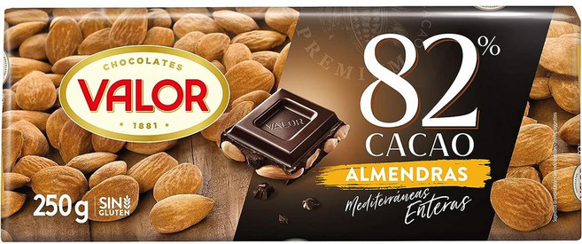 스페인 발로르 VALOR 지중해 통아몬드가 함유된 82% 다크 초콜릿, 250g, 2개