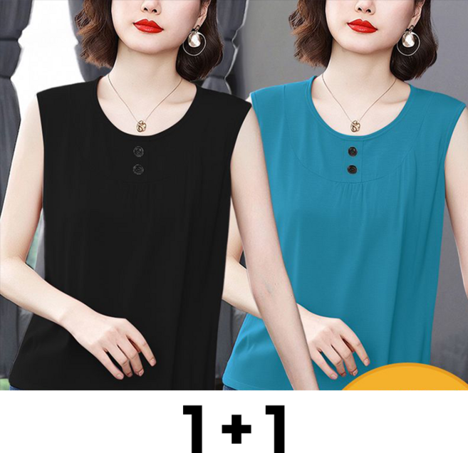 1+1 중년 여성 빅사이즈 민소매 티셔츠 여름 냉장고 엄마룩 와이드핏 데일리 스판 속건 고급 나시 루즈핏 슬림핏 하객룩 쿨링 상의 2매입