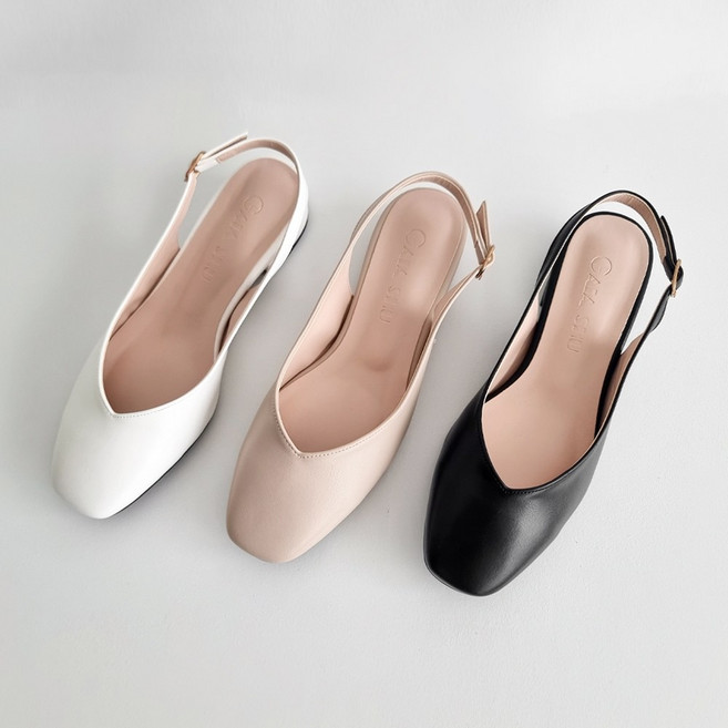 가이아슈 자체제작 국내생산 빅사이즈 발편한 여성용 청키굽 브이컷팅 슬링백 플랫 구두 2cm