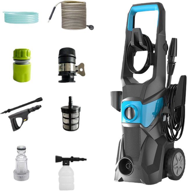 高壓清洗機 強力220bar 自吸兩用 滾輪高壓清洗機, 3500W長提手+長短槍+10米出水管, 藍色, 70cm