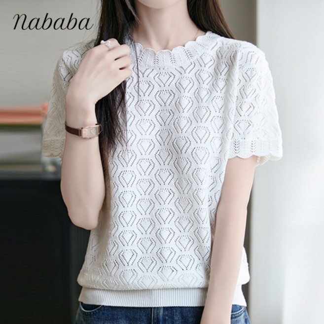 나바바 NK2971 여성 세련미 펀칭 라운드넥 반팔 니트티