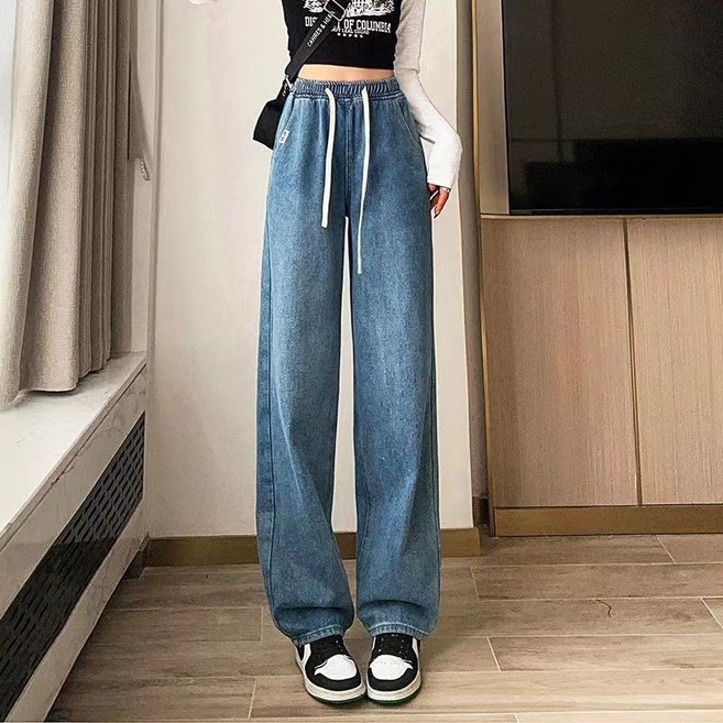 鬆緊高腰牛仔寬褲女 彈性腰圍 顯瘦闊腿褲
