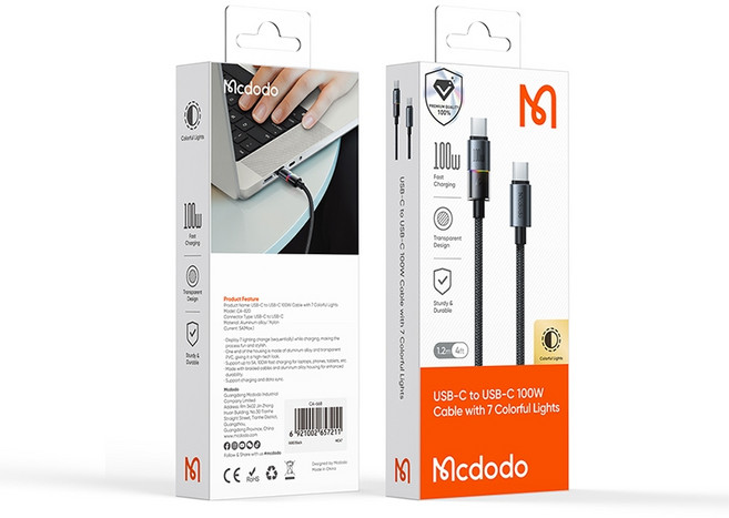 Mcdodo 七彩炫燈 100W PD 快充傳輸線, 1個