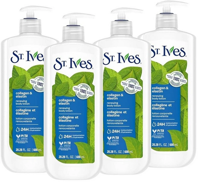 St. Ives 리뉴잉 핸드 & 바디 로션 펌프 포함 건조한 피부 데일리 모이스처라이저 콜라겐 엘라스틴 100% 천연 모이스처라이저로 제작 621ml 22온스 4팩 281288, 84 Fl Oz (Pack of 1), 600ml - 쿠팡