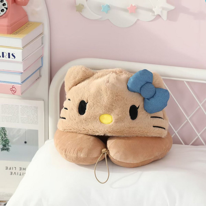 태닝키티 목베게 후드 헬로키티 여행용 기내용 U형 목쿠션 핑크리본, 블루