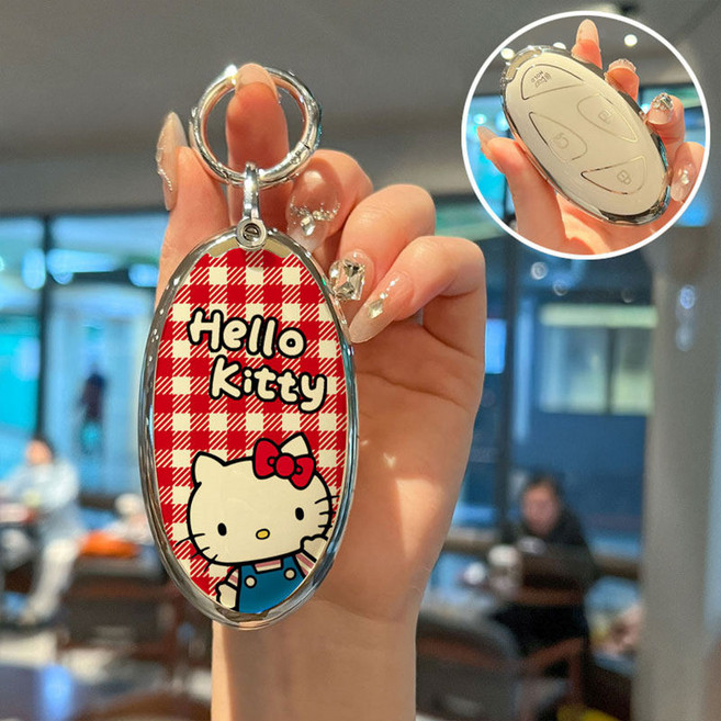 현대 헬로키티 체크 자동차 키홀더 스마트 키케이스, 2(실버링), B타입