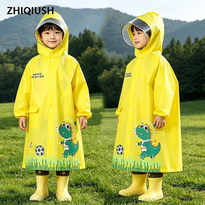 兒童雨衣 小學生/幼兒園 防水防暴雨 加厚全身雨披, 1個, 黃色小恐龍【書包位+大帽檐】2XL建議身高145-160厘米