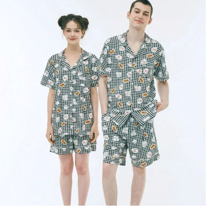 카라 커플 잠옷 세트 남성 여성 주머니 신축성 사계절 체크 캐릭터 곰돌이 파자마 파티 선물 라운지웨어 홈웨어