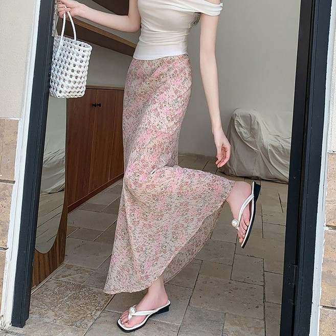 IWMAFT 여성 여름 꽃무늬 롱 스커트 하이웨스트 슬림핏 플로럴 디자인 데일리 룩 TX616