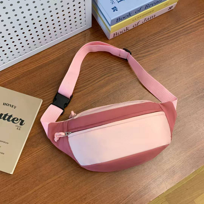 日系撞色胸包 女款休閒斜挎小包, 粉色