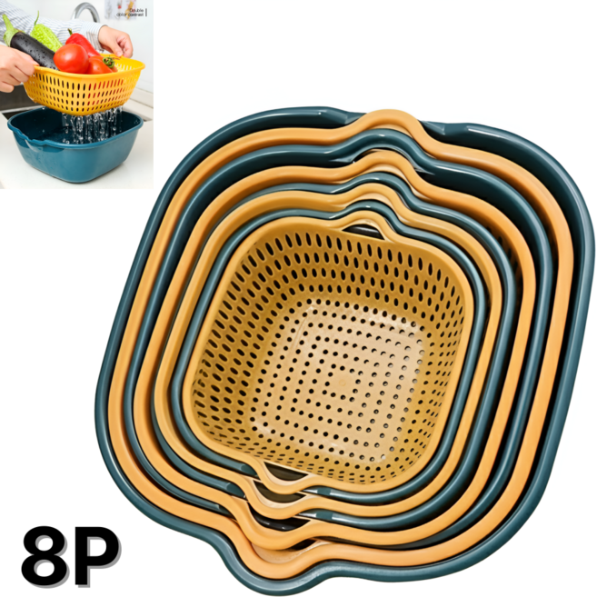 리딜 세척바구니 8P 채반 다용도 물빠짐 과일 채소 설거지 주방용품, 1세트, 옐로우&블루