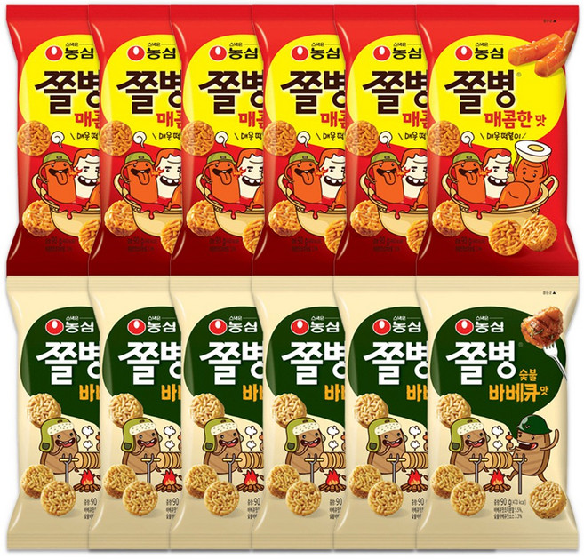 농심 쫄병스낵 숯불바베큐 6개+매콤한맛 6개, 1개, 82g