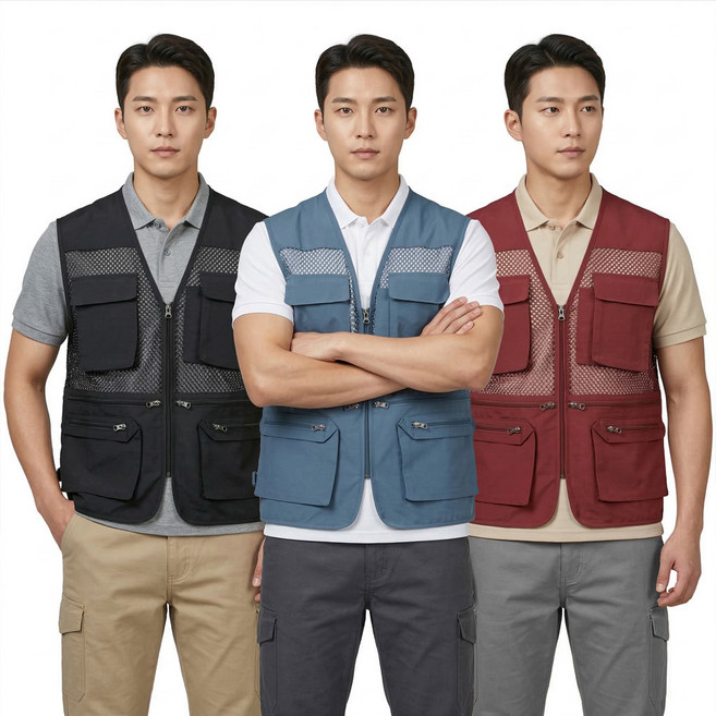 [이지바이] (1+1+1) 남성 사계절용 와이드포켓 국내원단 만능 메쉬 작업 조끼