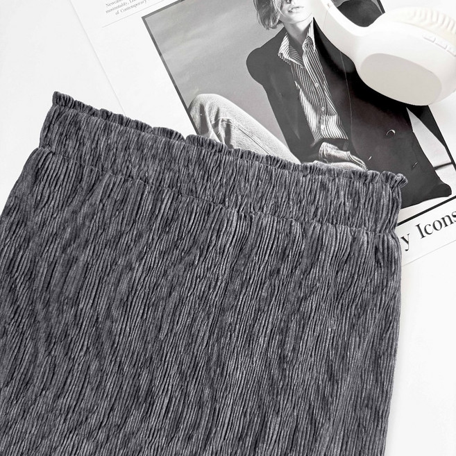 開叉肌理紋燈芯絨捲邊長裙 設計感鬆緊長裙