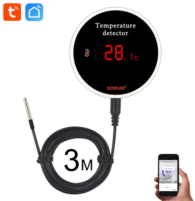 KONLEN Tuya Wifi 온도 센서 3m 와이어 프로브 디지털 Smartlife 온도계 스마트 홈 워터 풀 온도 조절기 원, with EU power plug