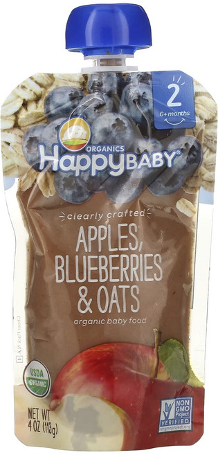 Happy Family Organics 유기농 이유식 2단계 6개월 이상 사과 블루베리 귀리 113g(4oz), HappyFamilyOrganics유기농이유식2단계6개, 113g, 1개