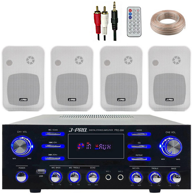 제이프로 300W 블루투스 매장용 카페 매장 업소용 벽걸이 미니 앰프 스피커 4개 세트+리모콘+PC선 1.5M+스피커케이블 40M, 화이트
