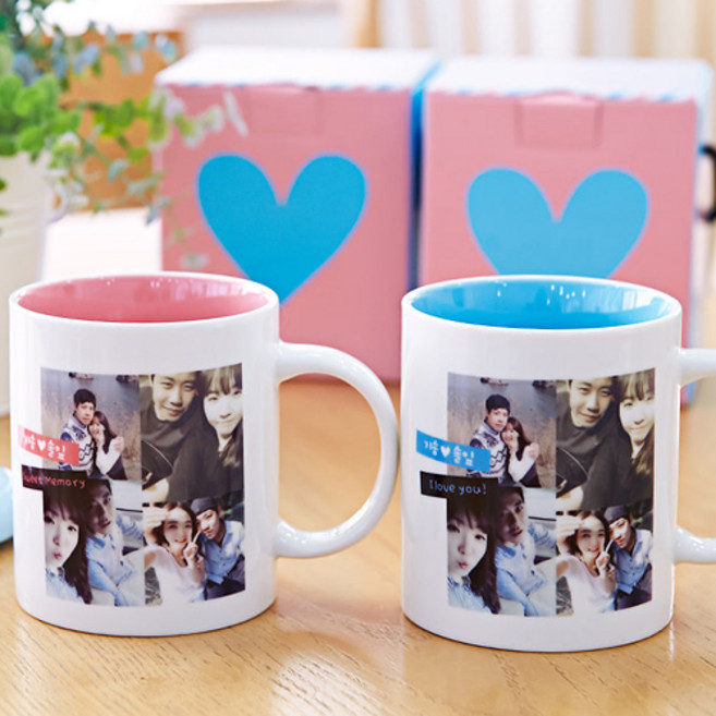4컷 네모사진 포토 머그컵 - 주문제작 머그컵 - 친구/여자친구/남자친구/100일선물/기념일 선물로 좋은 포토 머그컵, 화이트, 선택안함, 핑크, 1개