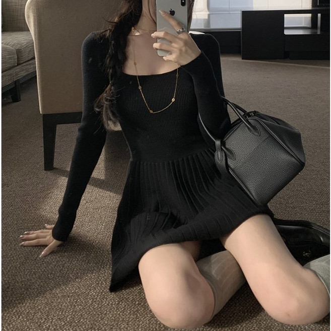 쪼예 U넥 니트 골지 가을 겨울 이너 플리츠 미니 원피스