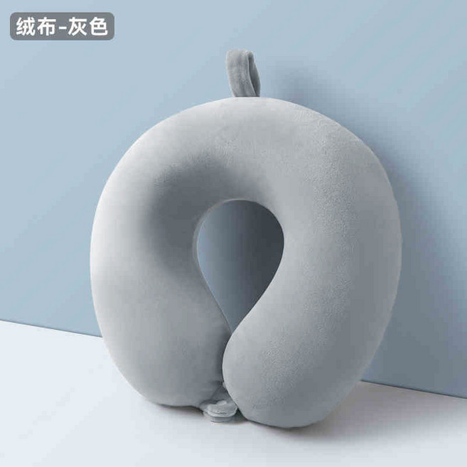 U型護頸枕 冰絲記憶棉, 灰色【短毛絨記憶棉頸枕】,30*29*10cm