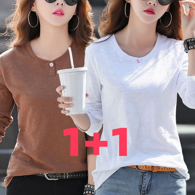 1+1 초특가 봄가을 여성 심플 라운드 긴팔 티셔츠 얇은 솔리드 코디 티셔츠 빅사이즈 중년 여성 의류