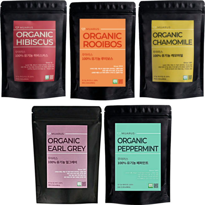 최상급 원료 [무아러스 독일 유기농 허브티 5종 풀세트] 캐모마일 히비스커스 페퍼민트 얼그레이 루이보스, 1.3g, 1개, 110개입