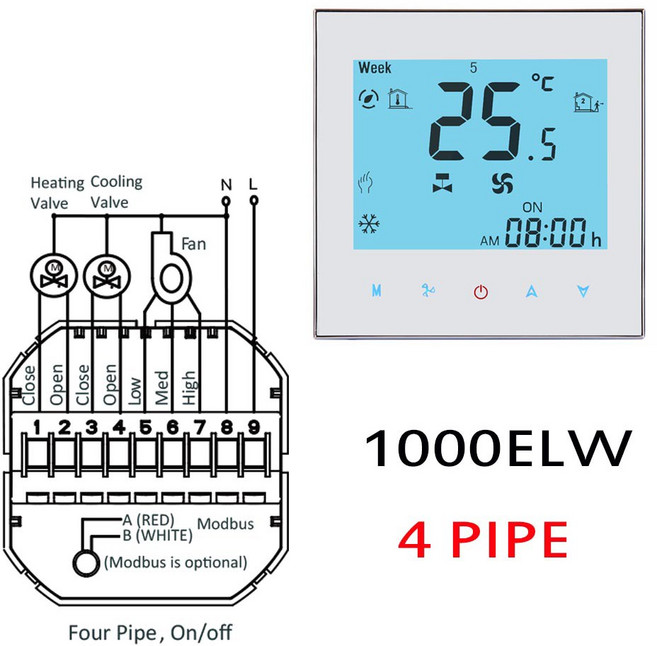 와이파이 온도 조절기 24V 스마트 냉각 난방 에어컨 TUYA WIFI 2pipe4pipe 팬 코일 Alexa Google 홈과 함께 작동, 6)1000ELW-WHITE, 95-240VAC