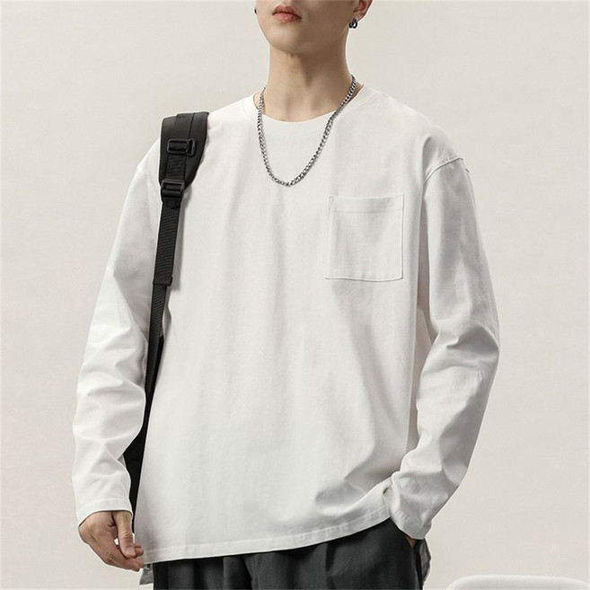 TKX 남성용 캐주얼 오버사이즈 긴팔 티셔츠 심플 디자인 봄 가을 면 소재 가슴 포켓 KN89