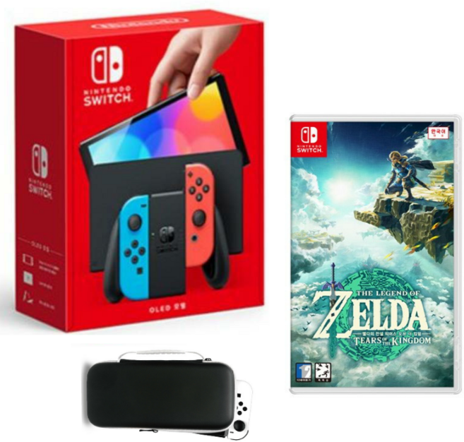 닌텐도 스위치 OLED 본체+젤다의 전설 티어스 오브 더 킹덤 (왕국의 눈물)+휴대용 파우치, 1개, 네온블루, HEG 001