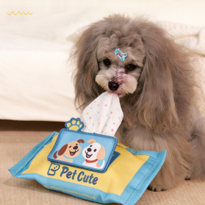 강아지 티슈 장난감 노즈워크 간식 숨기기 소리 나는 장난감, 1개, 블루